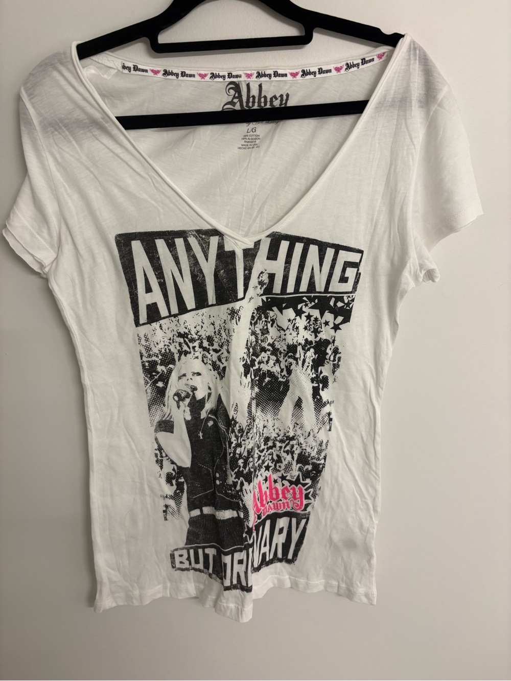 Abbey Dawn White V-Neck Graphic Tee with Black and Pink Print